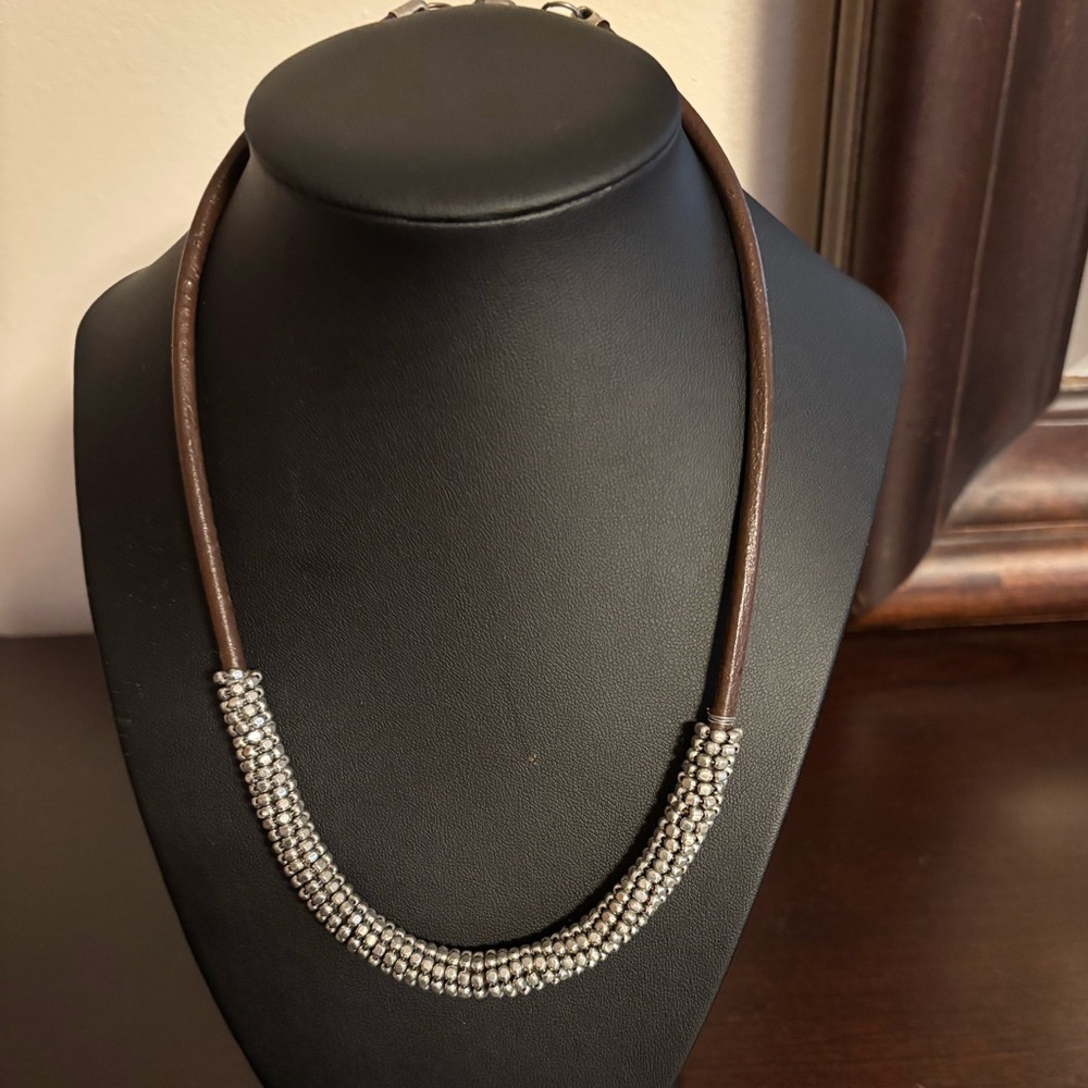 Silver Tone Microbead Coil Brown Leather Cord Necklace with extension clasp.